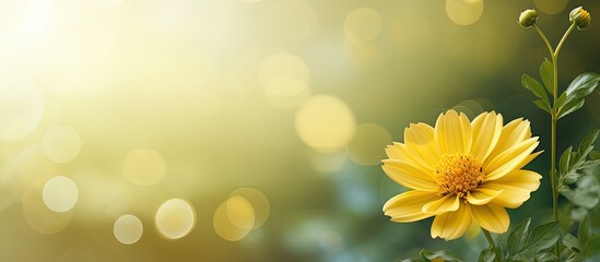 Obraz premium A lively floral template with a closeup of a dreamy yellow flower surrounded by greenery and a bokeh background This natural concept provides space for your text or message. Copyspace image