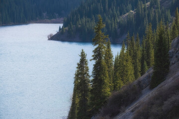 Forest slopes of a mountain lake with blue water. Lake Kulsay or Kolsai in Kazakhstan