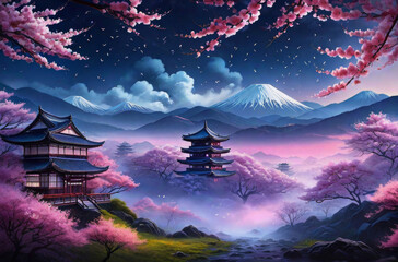 Obraz premium Japanese-style landscape with sakura. ai 