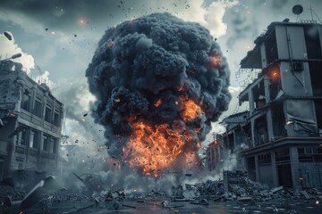 A dramatic scene of smoke and fire in a city, suitable for illustrating disasters