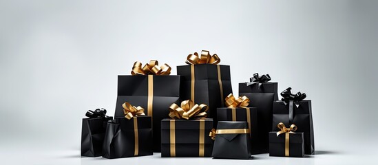 Naklejka premium There is a group of gift boxes inside a black shopping bag set against a white background The image provides ample space for creative ideas