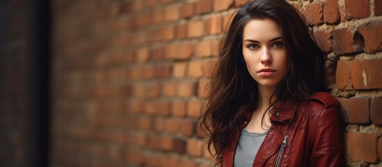 Gorgeous girl standing near a brick wall with copy space image