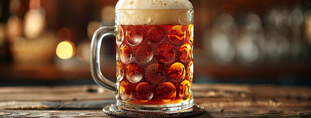 isolated golden yellow color transparent glass alcohol mug with handle, full of beer and foam on a wooden restaurant table   