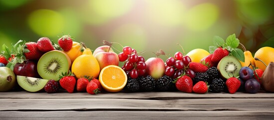 Copy space image of fresh and healthy fruits placed on a wooden background