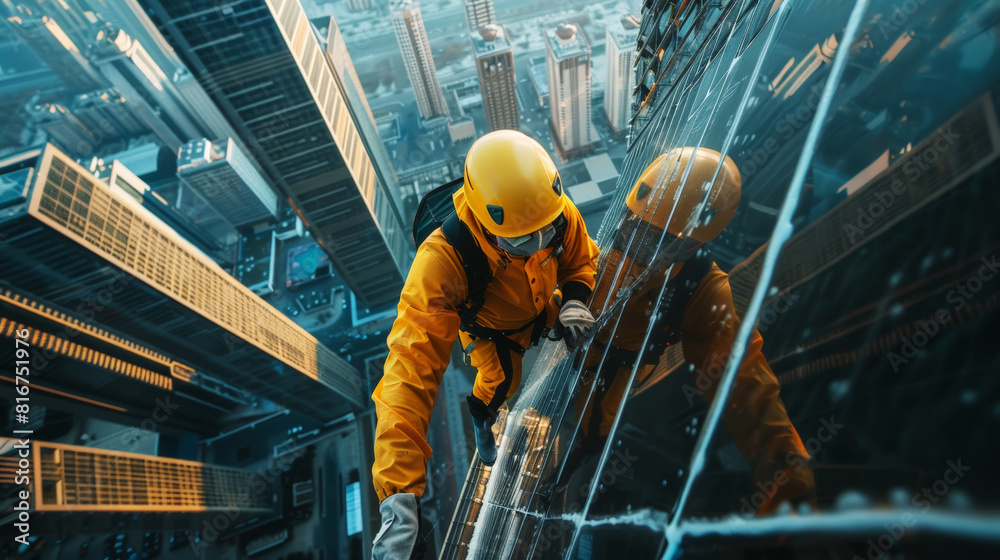 Wall mural professional industrial climber in helmet and uniform. view from back. megalopolis landscape. genera