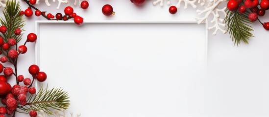 A festive Christmas composition filled with seasonal elements a red photo frame white fir tree branches and red berries set against a clean white background It embodies the essence of Christmas New Y