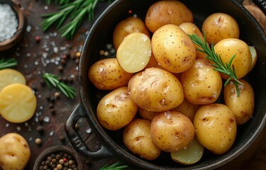 Potatoes arranged in a pot on brown surface, showcasing soil and sliced pieces
