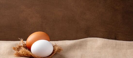 A copy space image featuring a white egg positioned among brown eggs showcased on a burlap cloth background in a close up photograph - Powered by Adobe