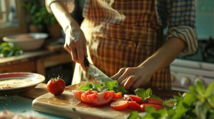 Person slicing tomatoes on a wooden cutting board. Suitable for culinary and cooking concepts