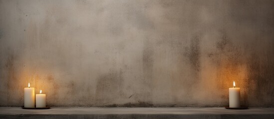 A copy space image featuring three white candles exhibited on a brown concrete or cement wall illustrating the concept of lighting and art