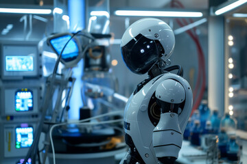 Modern humanoid robot standing amidst advanced scientific equipment in a futuristic laboratory setting