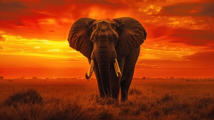 A majestic African elephant against a stunning sunset landscape