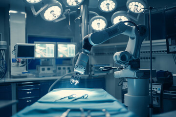 High-tech medical robot assists in a surgical procedure within a well-equipped operating room