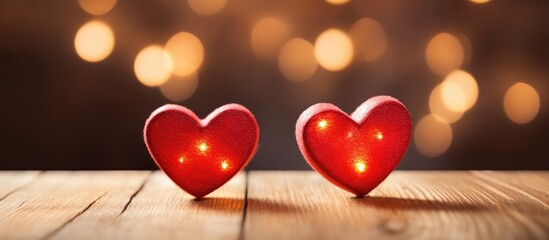 Valentine s Day concept featuring two red hearts on a wooden surface surrounded by bokeh lights in the background Copy space image