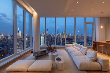 Elegant interior design of a spacious living room with panoramic city views during dusk