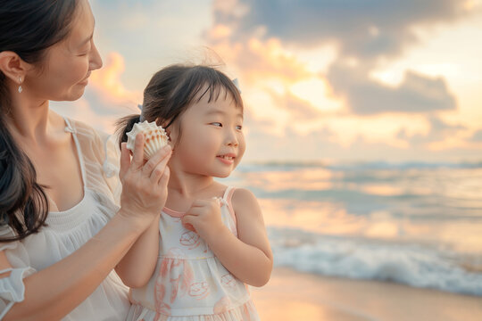 serene beach at sunrise, a cute little Asian girl delightfully listening to a shell near her ear, her mom by her side with a gentle smile. The magic of discovery and exploration as
