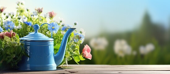 Gardening concept Green watering can blue flowers and blooming garden provide a vibrant backdrop for your words in the photo frame on an outside table with empty space copy space image