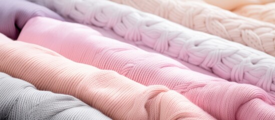 A close up copy space image of pastel colored knitted sweaters and skeins of thread
