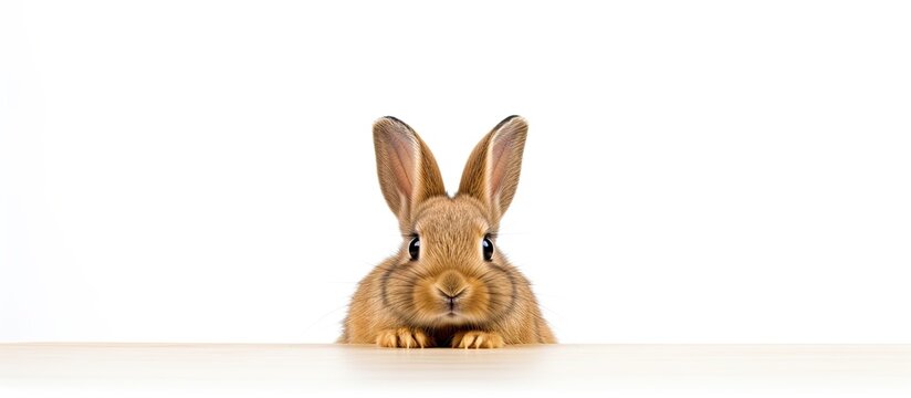 The dwarf breed rabbit is seen in the image situated against a white background with its gaze fixed forward Copy space is available