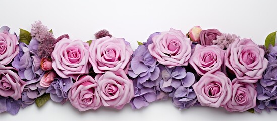 A beautiful floral arrangement featuring roses and lilac with plenty of white copy space image