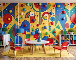 The wallpaper is a playground of primary colors and abstract shapes, each element contributing to a vibrant and energetic atmosphere.