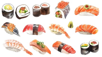Assortment of Delightful Japanese Sushi Dishes on Plates