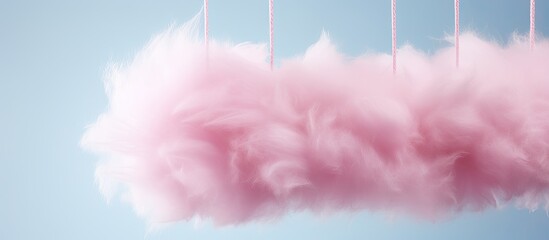 The pink background provides a backdrop for the packaged sweet cotton candy that is hanging on a clothesline leaving ample space available for text