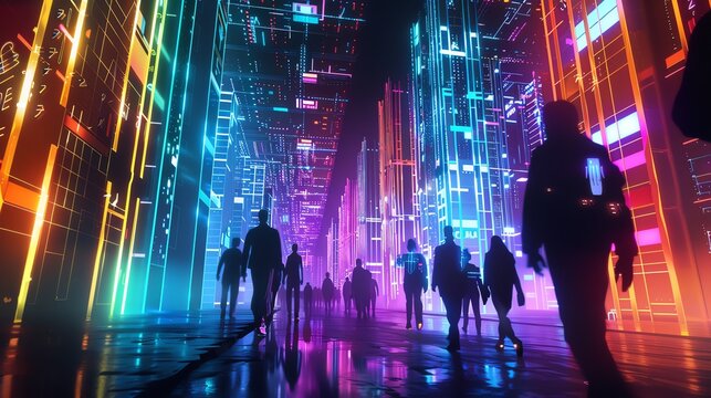 A futuristic cityscape where individuals' biometric data is scanned and processed via cloud computing as they walk through neon-lit streets