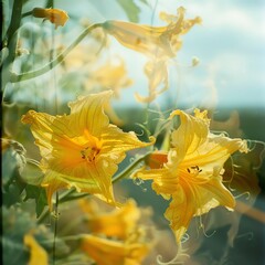 Yellow squash flowers on the vine, focus on delicate features, bright and cheerful colors, Double exposure silhouette with a country road