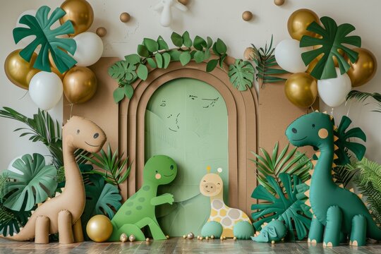 A group of stuffed dinosaurs are surrounded by green foliage and balloons