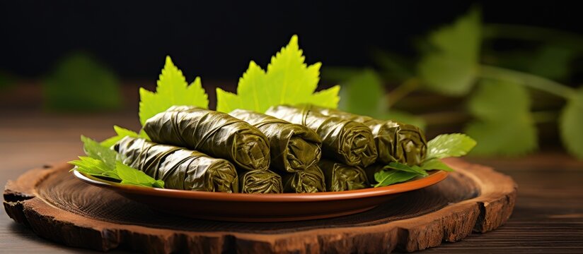 A traditional Turkish and Arabic Ramadan dish known as sarma made with grape leaves rice and meat is showcased on a bamboo background with a mint leaf for added freshness The image provides empty spa