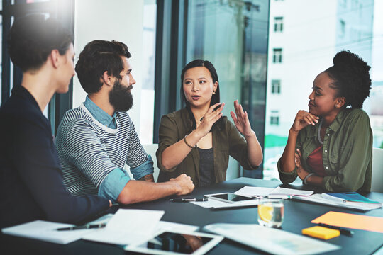 Business meeting, people and teamwork with paperwork for employee training and communication in office. Corporate group, brainstorming and documents for intern feedback, advice and support at seminar