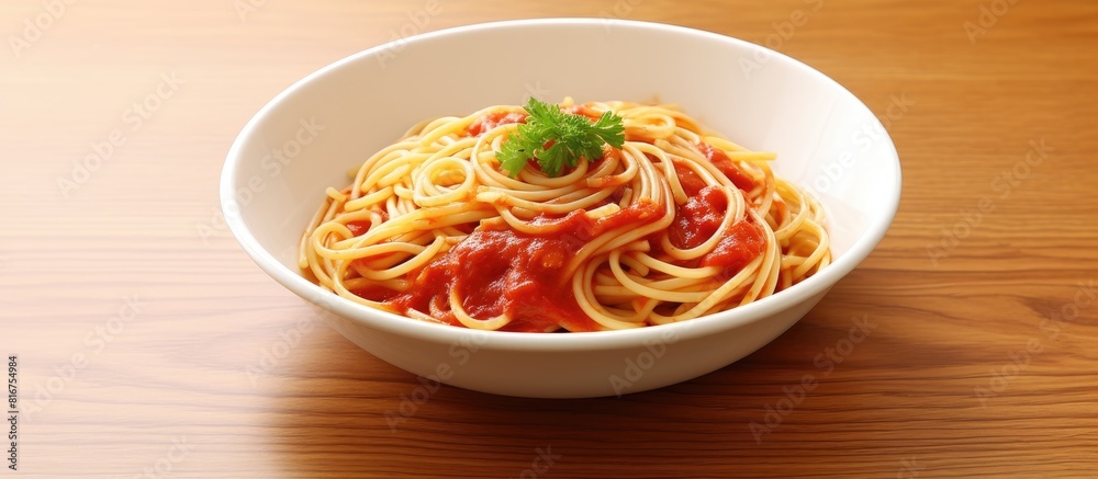 Poster spaghetti with tomato sauce in a white dish on wooden floor background and have copy space in concep
