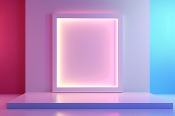 3D rendering of a blank picture frame on a podium with colorful lighting.