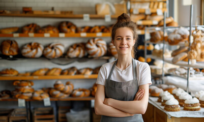 Woman in bakery shop bread background owner business concept	

