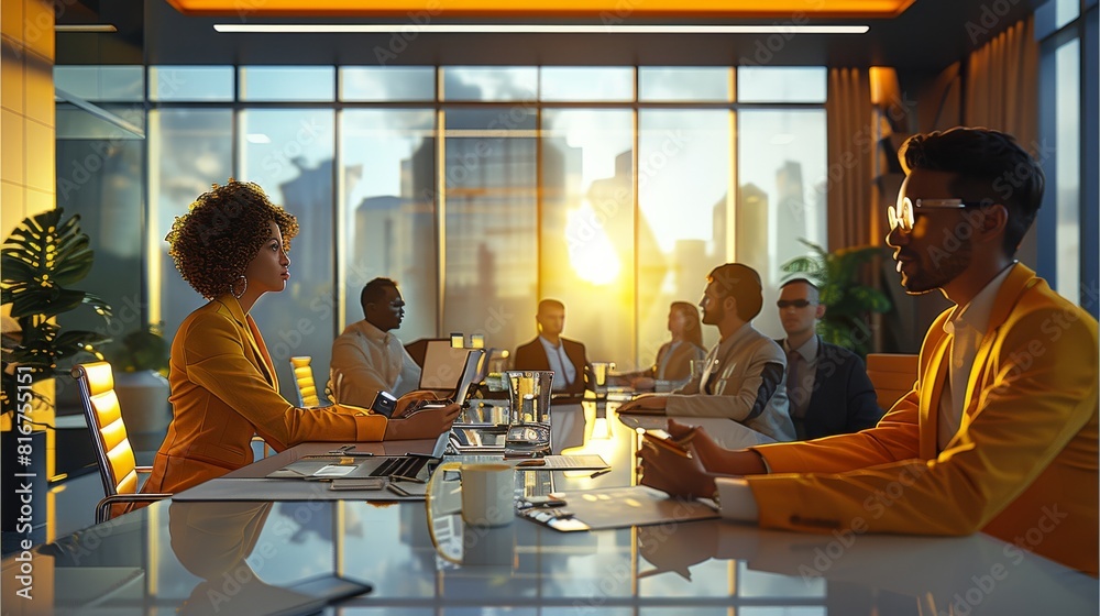 Poster a diverse team of professionals engaging in an audit meeting at modern well lit office environment. 