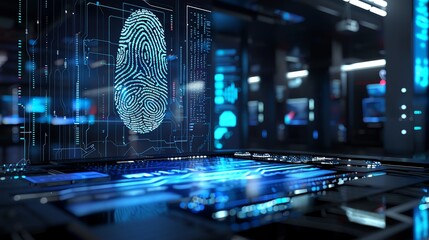 A high-tech office where a holographic 3D fingerprint scan is being processed in real-time via cloud computing