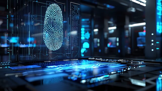 A high-tech office where a holographic 3D fingerprint scan is being processed in real-time via cloud computing