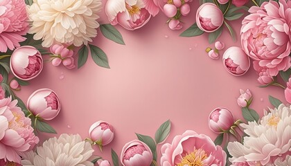 rame made of beautiful peony flowers on pink background. Flat lay, copy space, summer flowers , generbated y AI