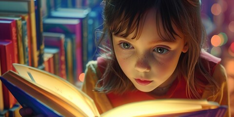 Close up of attractive child reading a book while looking at camera. Elementary student holding fairy tale novel book or bedtime stories surrounded by various book. Creative activity concept. AIG42. © InfiniteFlow