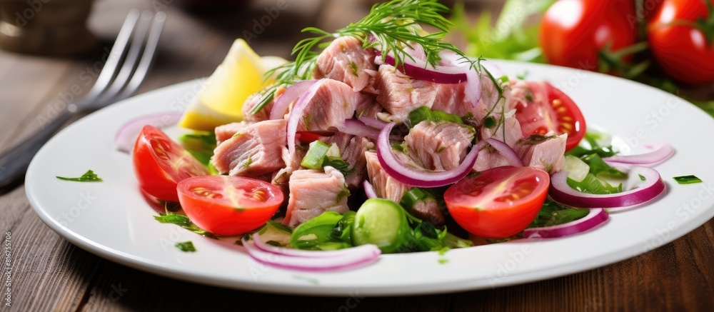 Poster top view of tuna salad with tomatoes and onion top view. copy space available