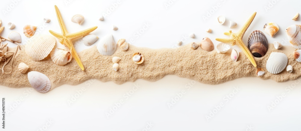 Sticker Summer time concept with sea shells and starfish on the beach sand white background free space for your decoration Top view. copy space available