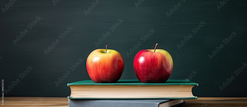 Aufkleber Three books with different colored covers lie on a wooden surface in front of a blackboard with an apple concept for education and school with place for text or other elements. copy space available