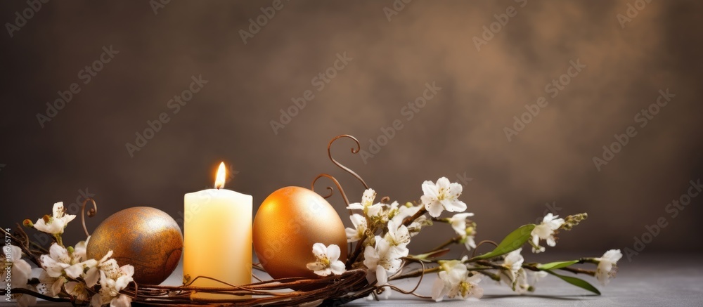 Poster Easter candle eggs on brown texture background Easter holiday concept Spring willow bouquet Decor for home and festive steel Copy space Place for text