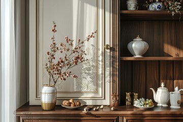 Stylish sideboard displaying a vase with delicate flowers and an assortment of snacks