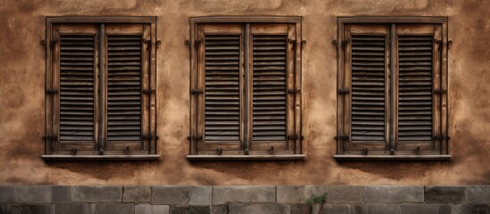 Three old wooden windows with brown shutters wall with three closed windows frames space for text no person. copy space available