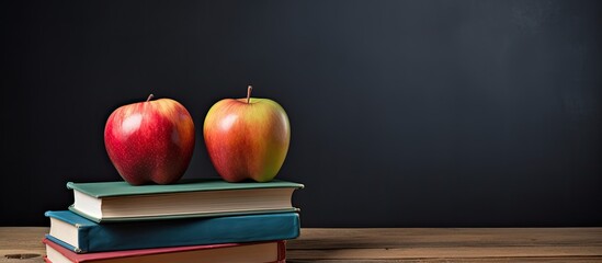Three books with different colored covers lie on a wooden surface in front of a blackboard with an apple concept for education and school with place for text or other elements. copy space available - Powered by Adobe