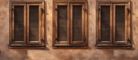 Three old wooden windows with brown shutters wall with three closed windows frames space for text no person. copy space available
