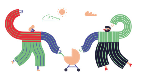 Same-sex family walking with a stroller