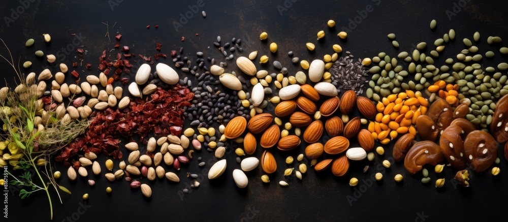 Poster seeds top view with copy space for your text flat lay